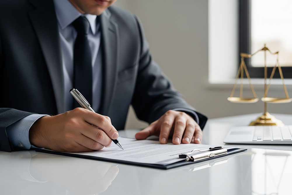 Person signing a legal contract at a desk with documents